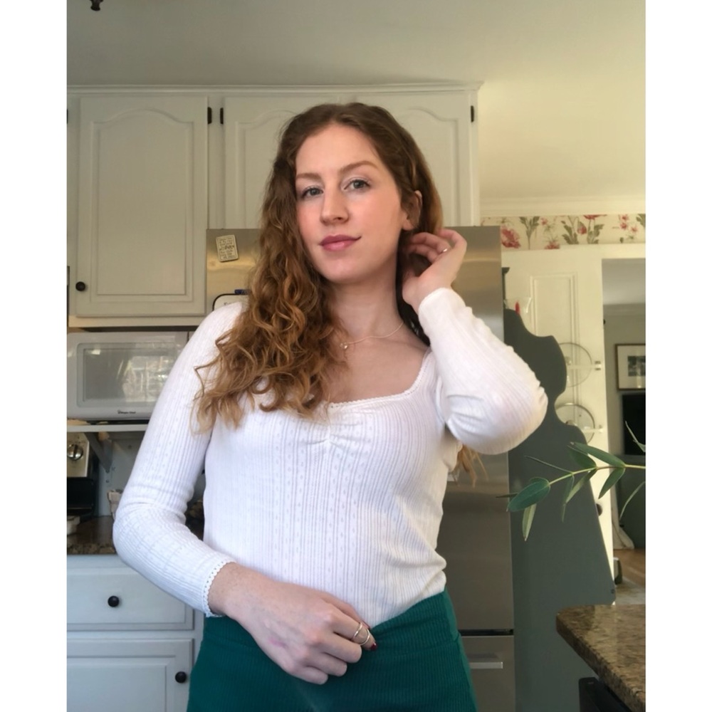 Sezane White Pointelle T-French 34/XS, 3/4 Sleeve-Light Stains, I will bleach - Picture 2 of 11